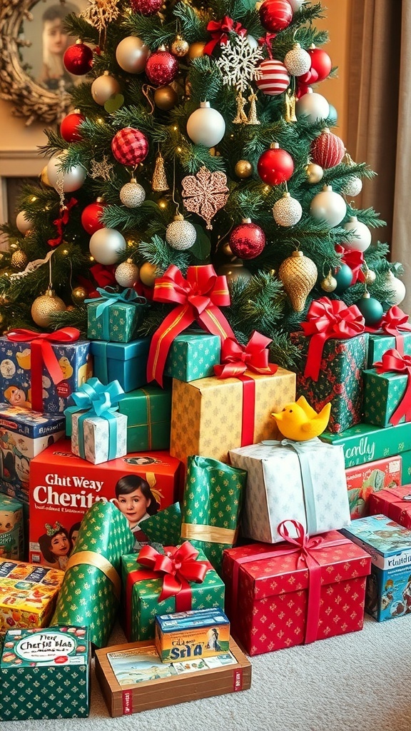 A collection of Christmas gifts for children, including toys, books, and games, under a Christmas tree.